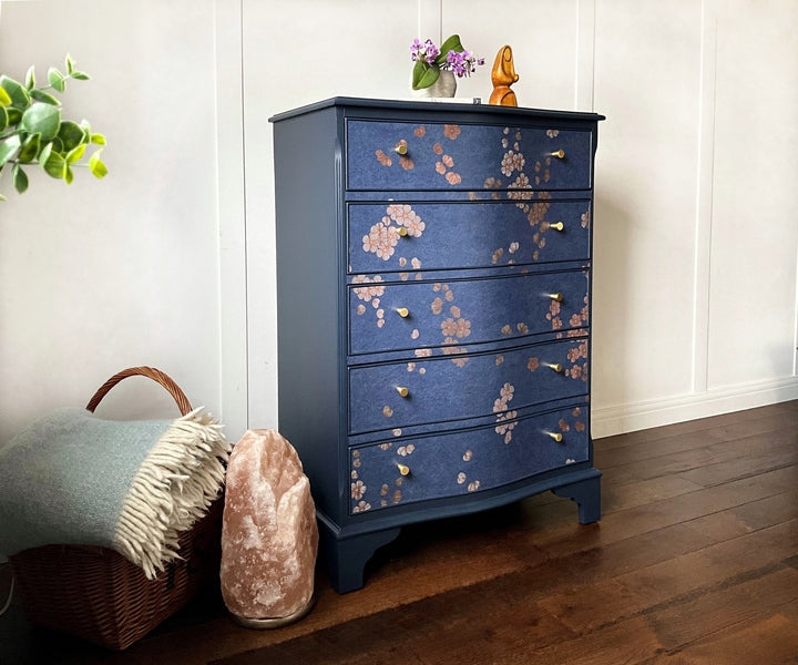 Chinoiserie upcycled chest of drawers, cherry blossom serpentine storage chest – A rare vintage treasure