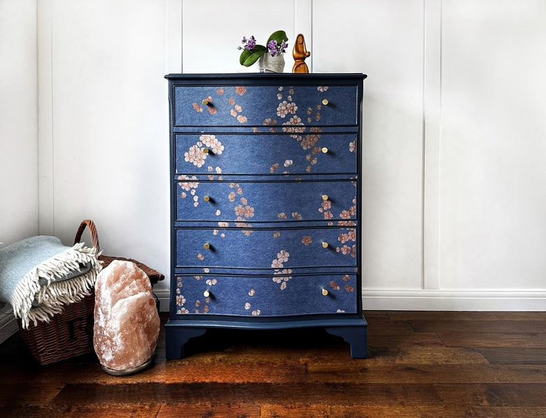 Chinoiserie upcycled chest of drawers, cherry blossom serpentine storage chest – A rare vintage treasure