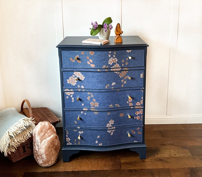 Chinoiserie upcycled chest of drawers, cherry blossom serpentine storage chest – A rare vintage treasure