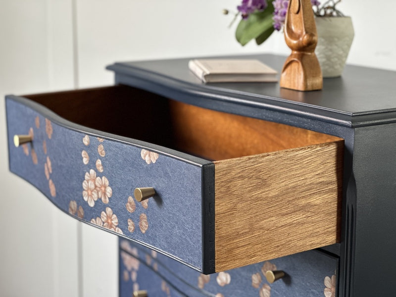 Chinoiserie upcycled chest of drawers, cherry blossom serpentine storage chest – A rare vintage treasure