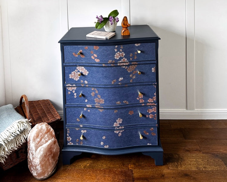 Chinoiserie upcycled chest of drawers, cherry blossom serpentine storage chest – A rare vintage treasure