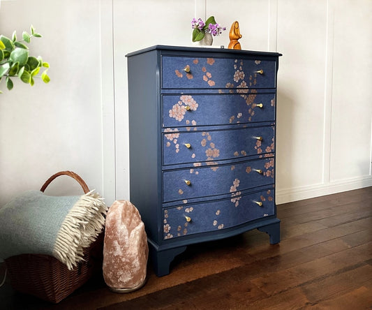 Chinoiserie upcycled chest of drawers, cherry blossom serpentine storage chest – A rare vintage treasure