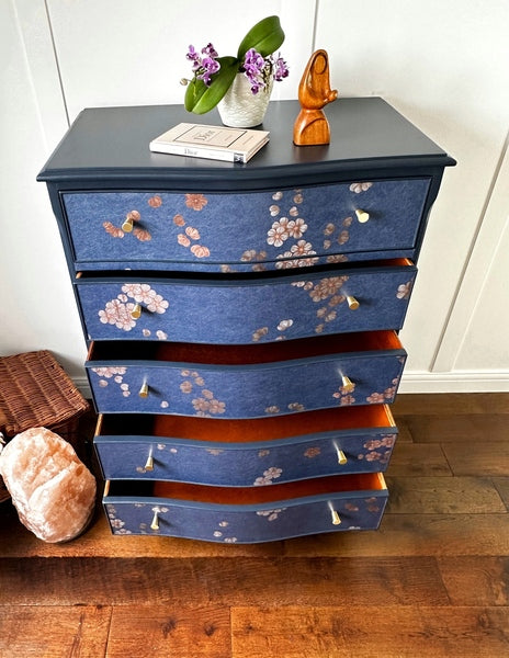 Chinoiserie upcycled chest of drawers, cherry blossom serpentine storage chest – A rare vintage treasure