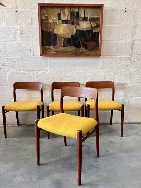 Four mid century danish model 75 upholstered dining chairs by niels otto møller for jl møllers møbelfabrik – A rare vintage treasure