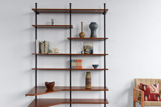 Vintage teak and metal corner shelving unit / bookcase – A rare vintage treasure